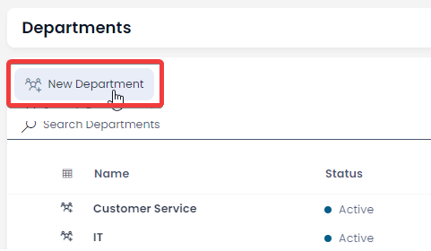 A screenshot that indicates how to create a new Department. A red box surrounds the &quot;New Department&quot; button. This button is at the top of the &quot;Departments&quot; page.